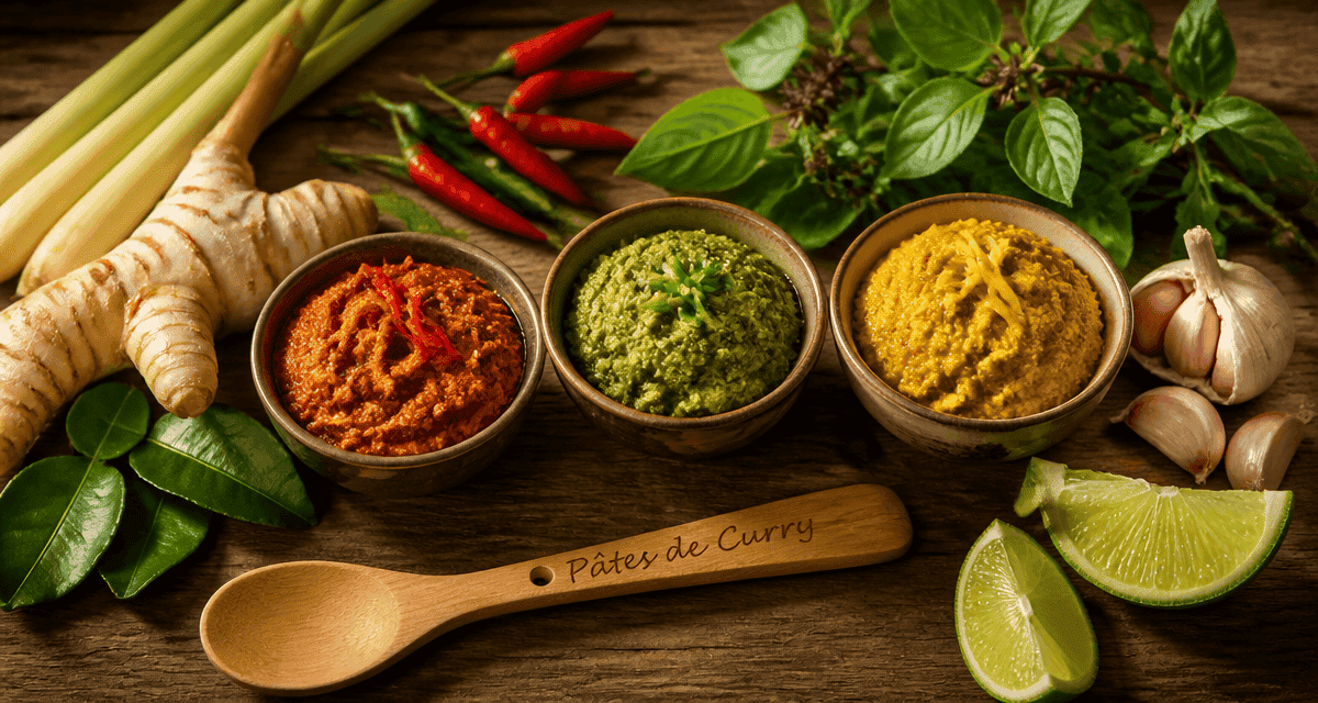 Recette avec pate de curry rouge verte jaune et ingrédients frais