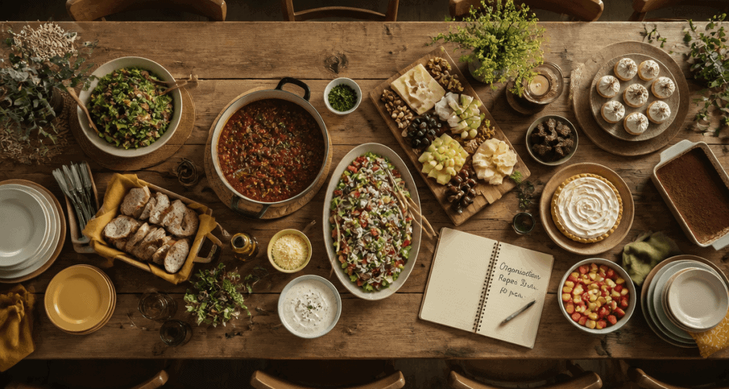 repas pour 30 personnes table dressée plats familiaux