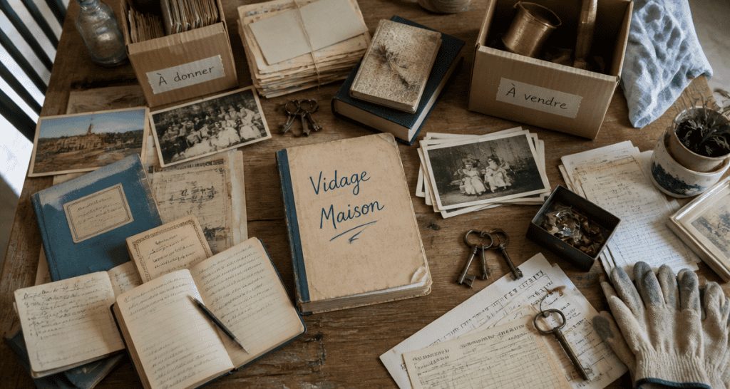 Vidage maison table documents et souvenirs