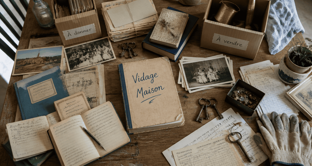 Vidage maison table documents et souvenirs
