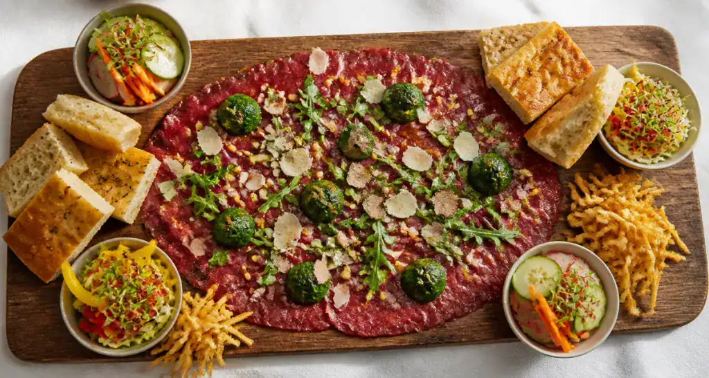accompagnement carpaccio de boeuf sur planche avec salade et focaccia