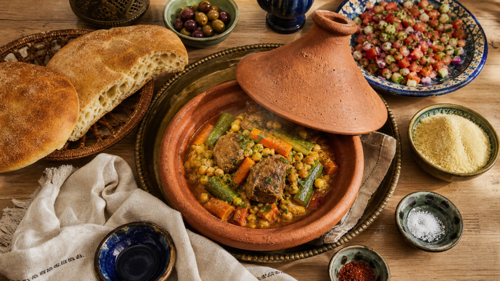 Accompagnement tajine : tajine marocain fumant, salade et pain marocain