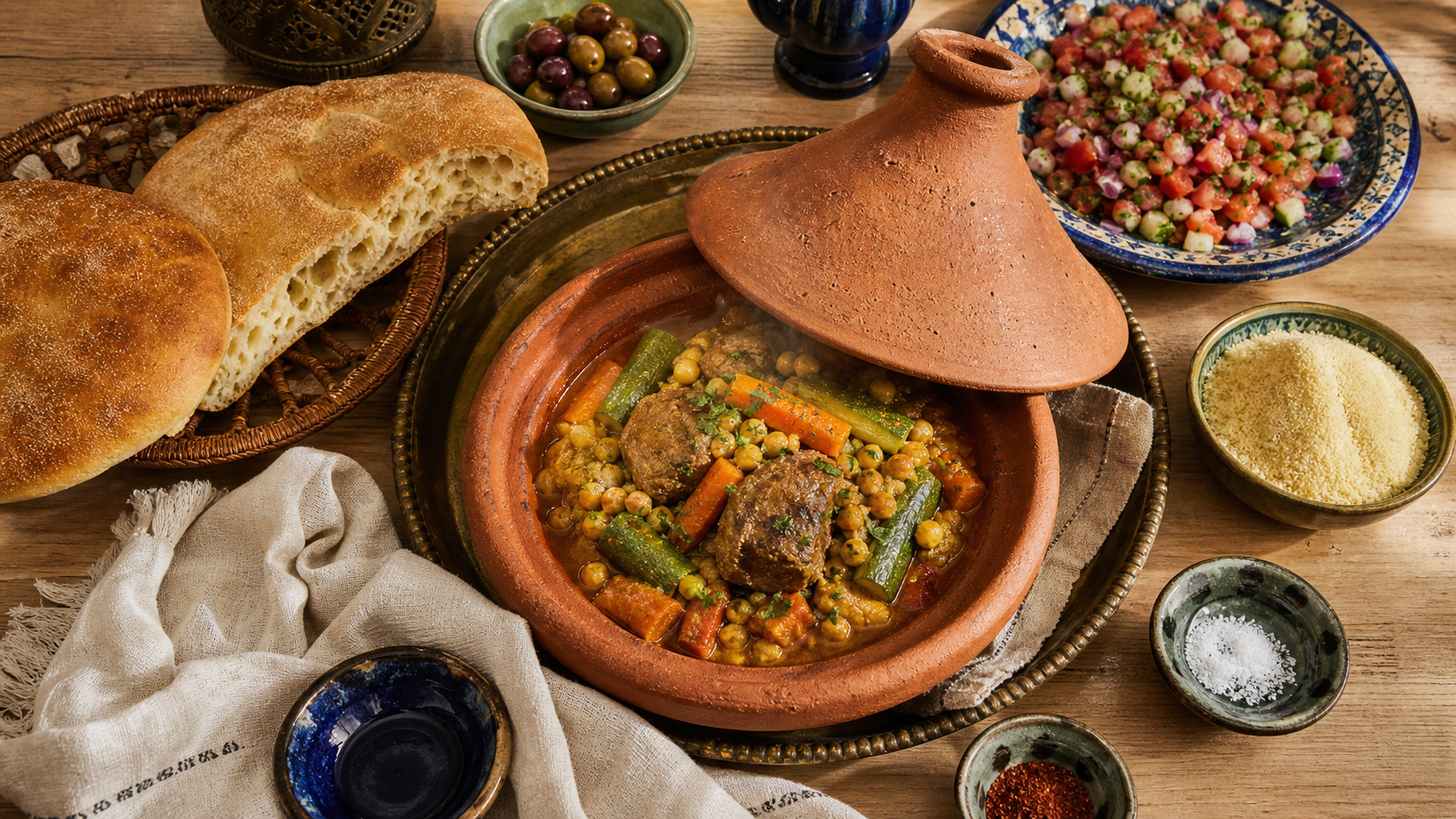 Accompagnement tajine : tajine marocain fumant, salade et pain marocain