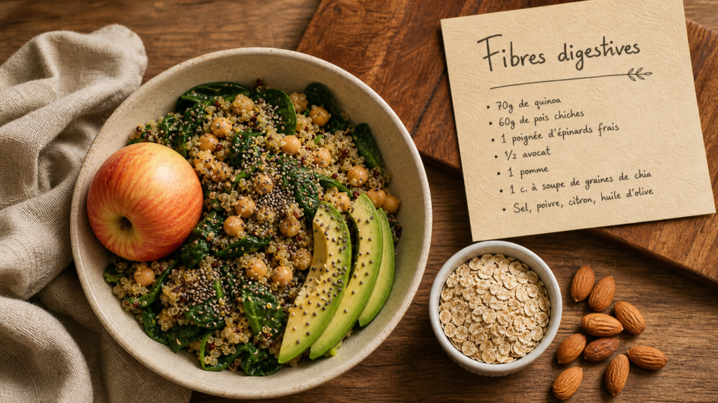 Aliments contenants des fibres : salade quinoa, pois chiches et graines de chia