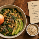 Aliments contenants des fibres : salade quinoa, pois chiches et graines de chia