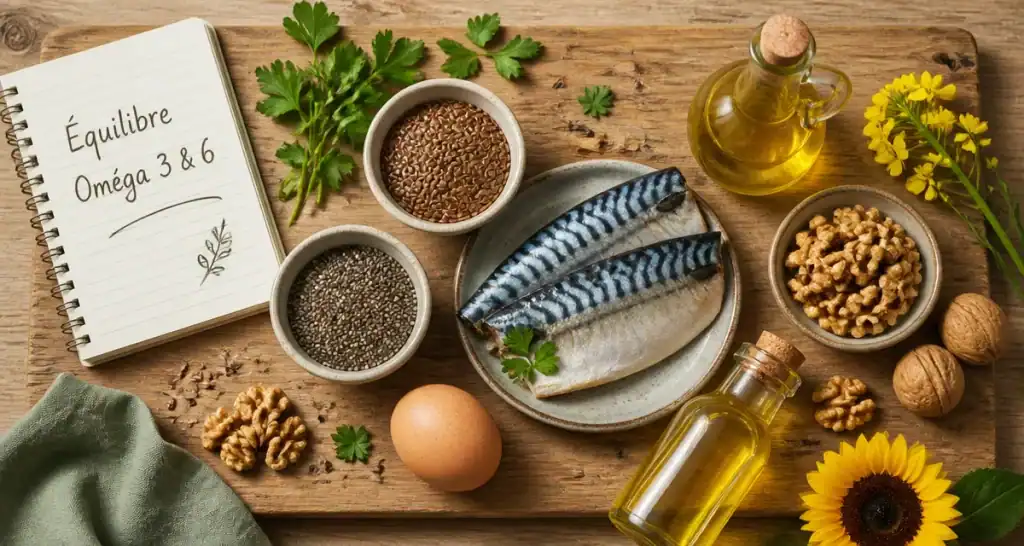 aliments omega 3 et 6 sur planche bois