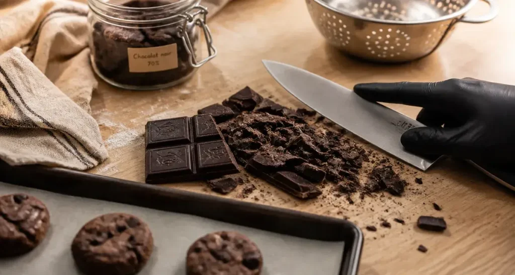 Comment casser une tablette de chocolat en pepites : éclats sur planche bois, couteau et cookies crus