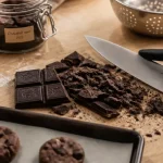 Comment casser une tablette de chocolat en pepites : éclats sur planche bois, couteau et cookies crus