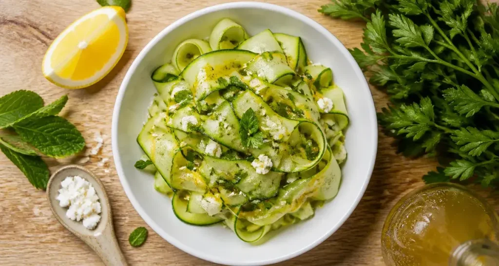 Courgette concombre crus en émulsion citron-huile sur planche bois