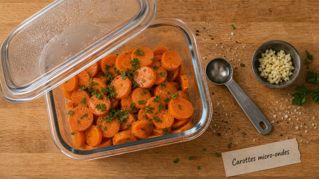 Carottes fondantes cuites au micro onde, vapeur au beurre et persil