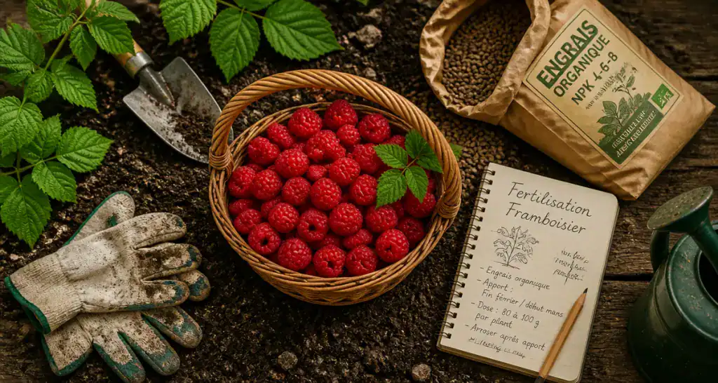 engrais framboisier sur table de jardinage avec panier de framboises