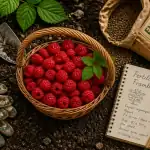 engrais framboisier sur table de jardinage avec panier de framboises