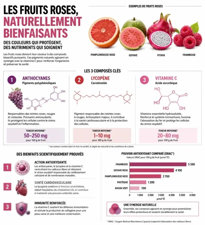Infographie sur les bienfaits santé et les propriétés nutritionnelles des fruits roses