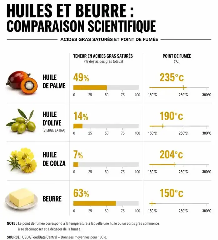 Comparatif nutritionnel : huile de palme et santé, teneur en graisses saturées et points de fumée des huiles alimentaires