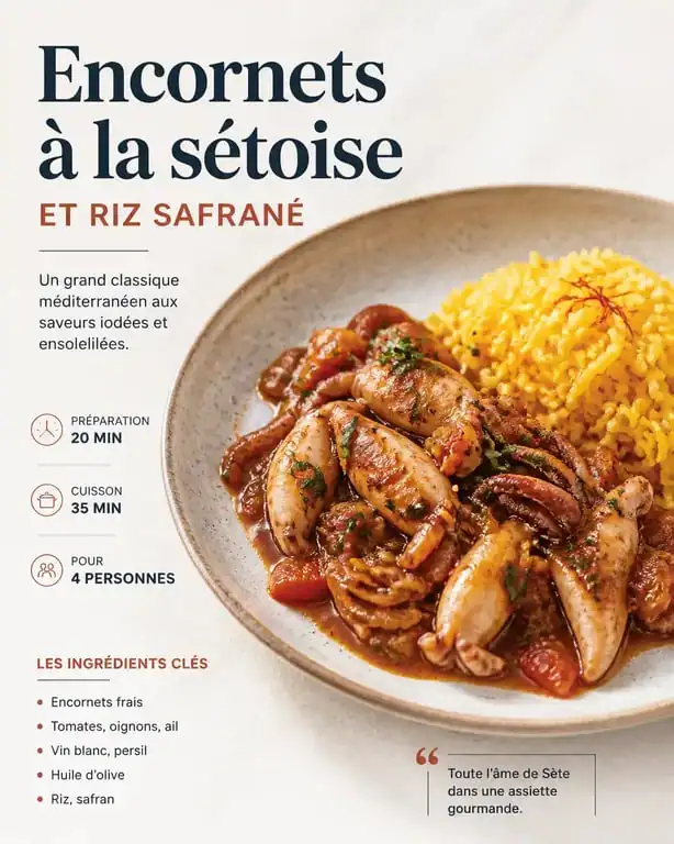 Assiette d'encornets à la sétoise avec riz safrané, une idée d'accompagnement pour encornets
