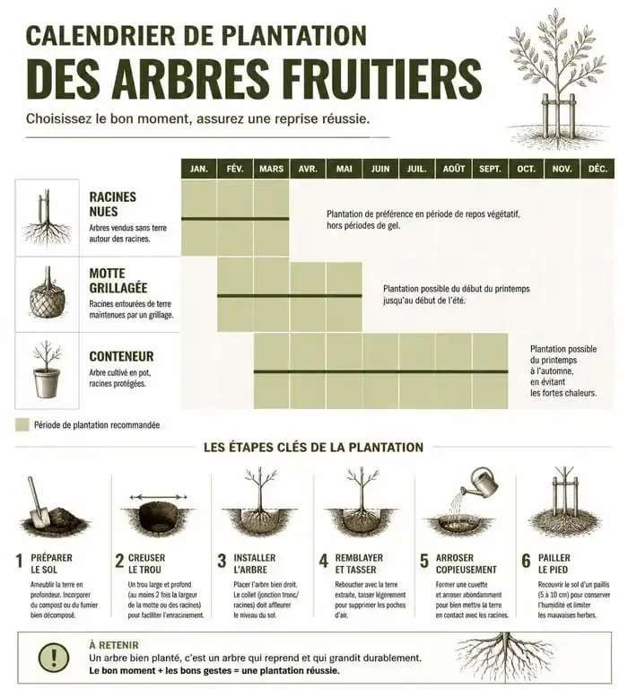 Calendrier et étapes pour planter un arbre fruitier : racines nues, motte et conteneur