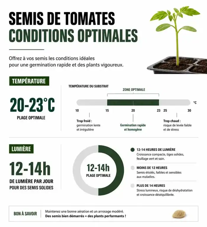 Infographie des conditions idéales pour réussir le semis de graines de tomates : température et lumière