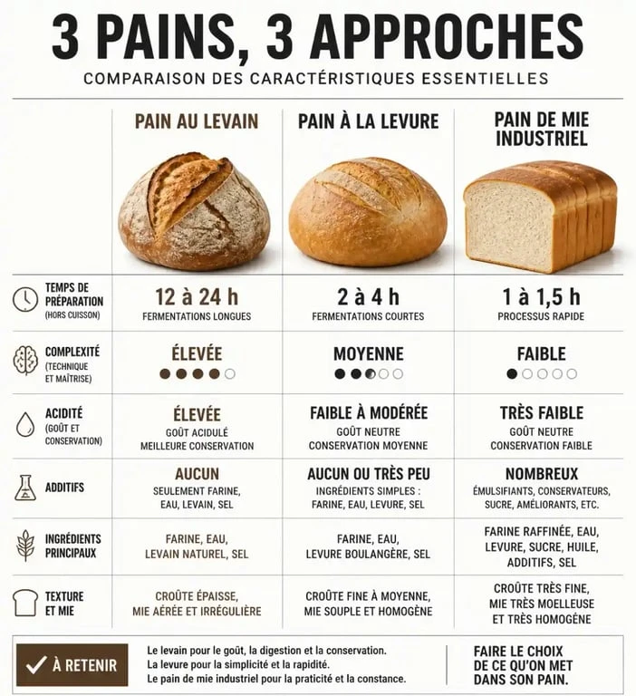 Infographie comparative des inconvénients du pain au levain par rapport au pain à la levure et au pain de mie