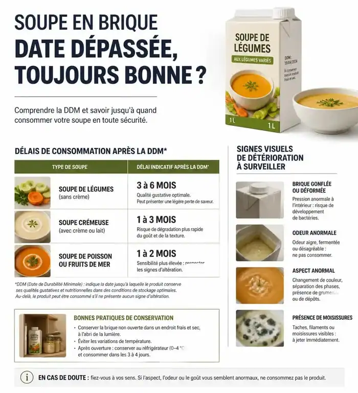 Infographie sur la durée de consommation d'une soupe en brique périmée et les signes de détérioration