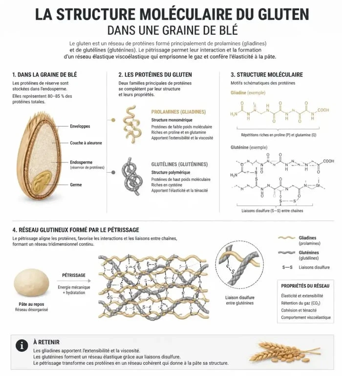 Infographie explicative sur la composition et le rôle du gluten dans les céréales