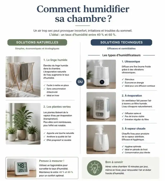 Infographie des méthodes pour humidifier une chambre efficacement et naturellement
