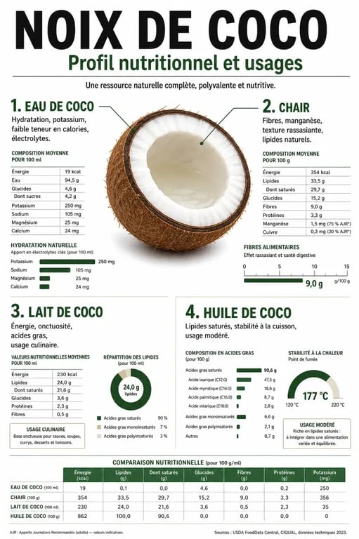 Infographie sur les bienfaits de la noix de coco : comparaison nutritionnelle et santé de l'eau, chair, lait et huile de coco.