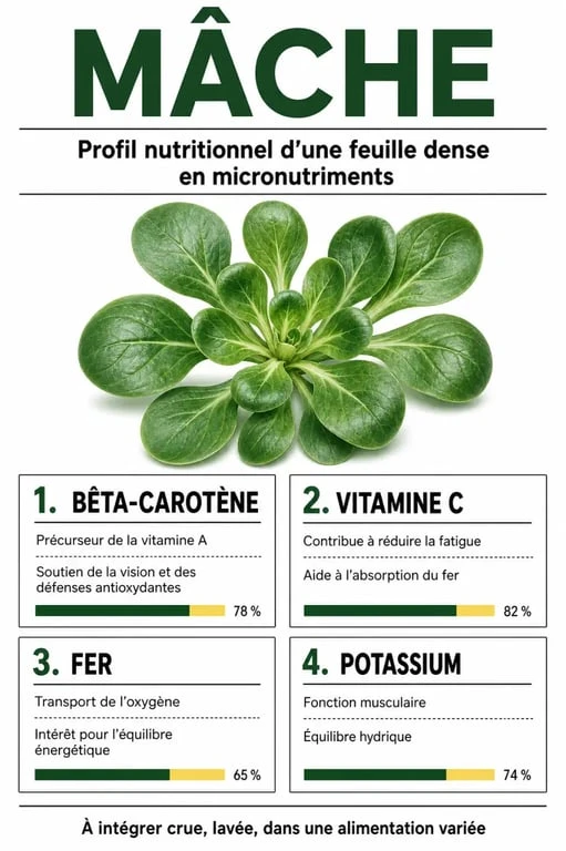 Infographie des bienfaits nutritionnels de la mâche et apports en vitamines et minéraux