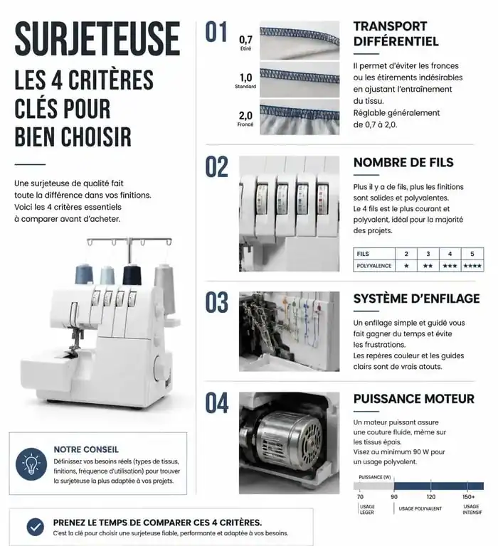 Infographie des critères pour choisir la meilleure surjeteuse : transport différentiel, fils et enfilage