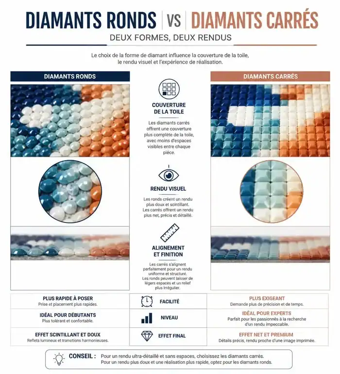 Comparaison visuelle entre diamants ronds et carrés pour un diamond painting personnalisé