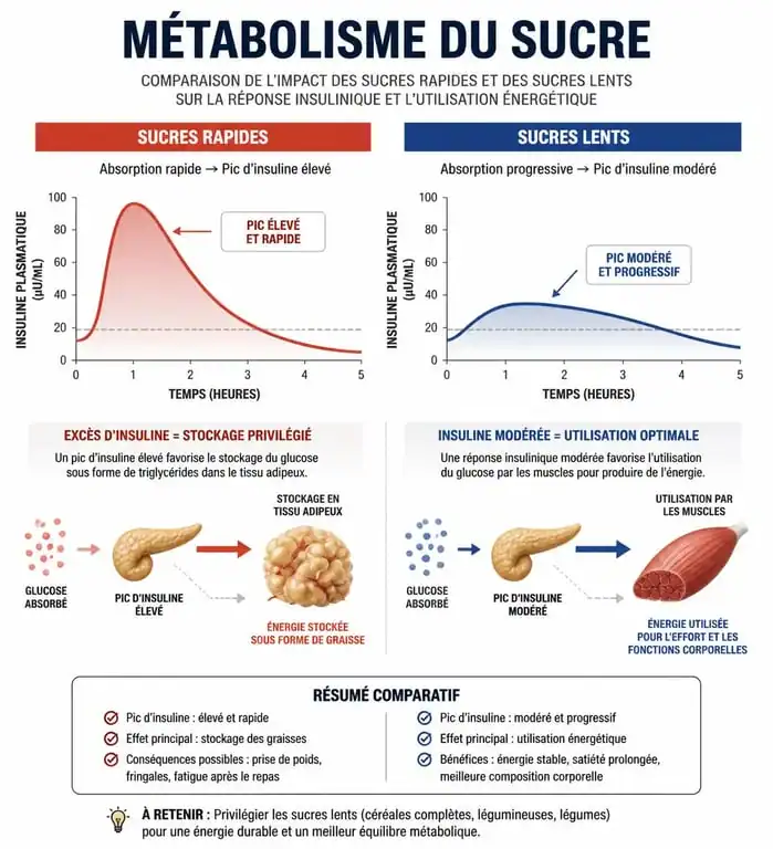 Schéma du métabolisme du sucre et de l'insuline expliquant pourquoi le sucre fait grossir ou non