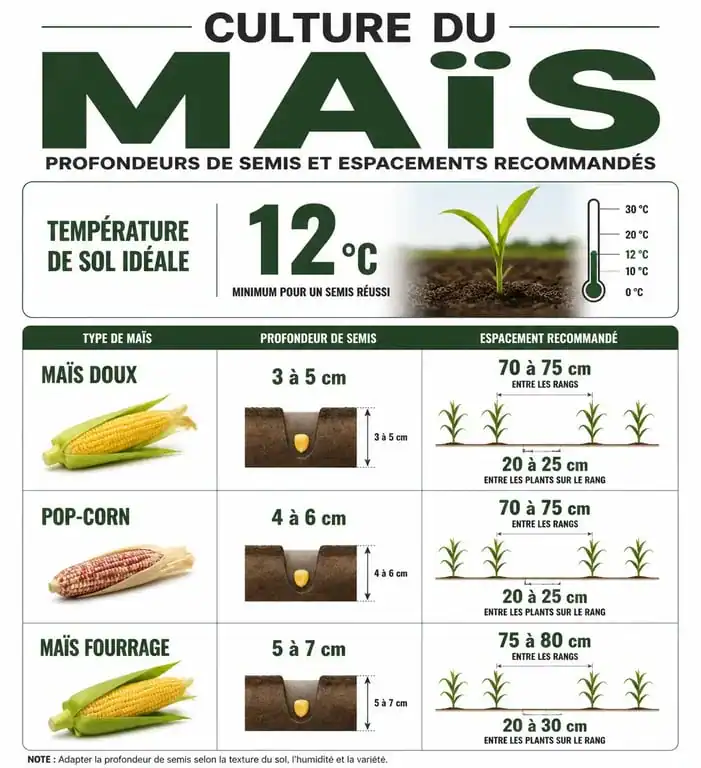 Infographie des conseils de semis pour le maïs : profondeur, espacement et température du sol idéale pour réussir quand semer le maïs