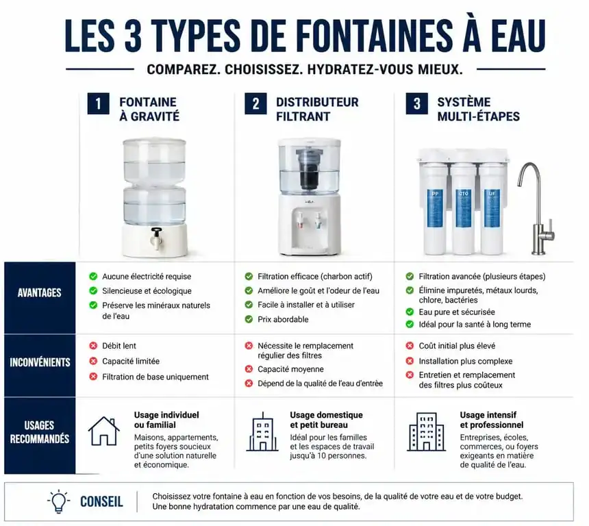 Infographie comparative pour choisir sa fontaine à eau : gravité, distributeur ou système multi-étapes