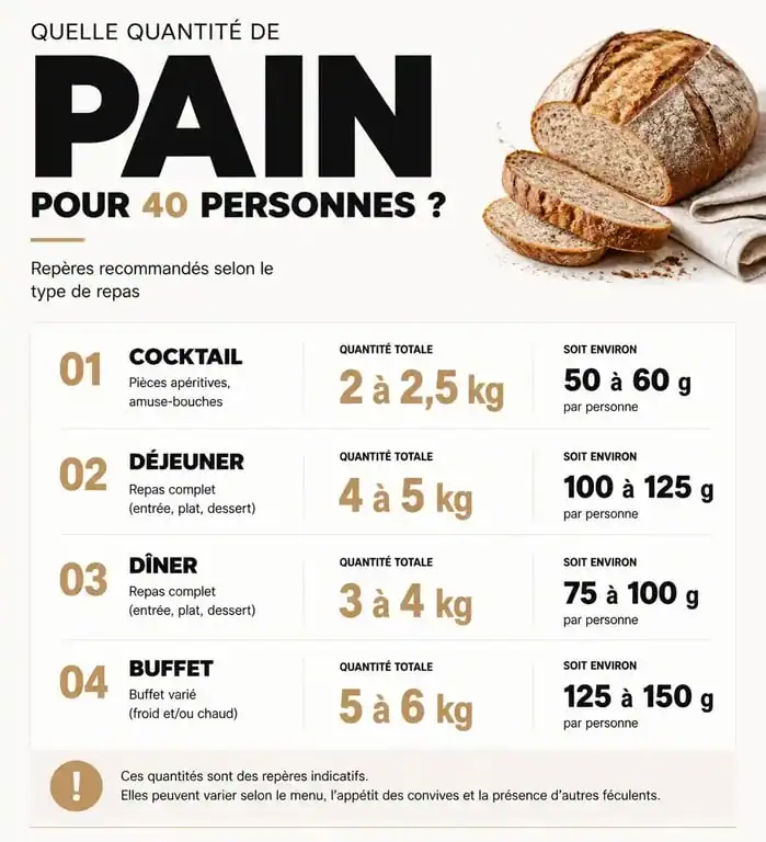 Infographie des quantités de pain nécessaires pour 40 personnes selon le type de repas