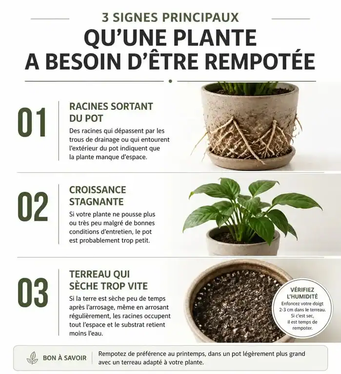 Infographie illustrant quand rempoter une plante d'intérieur