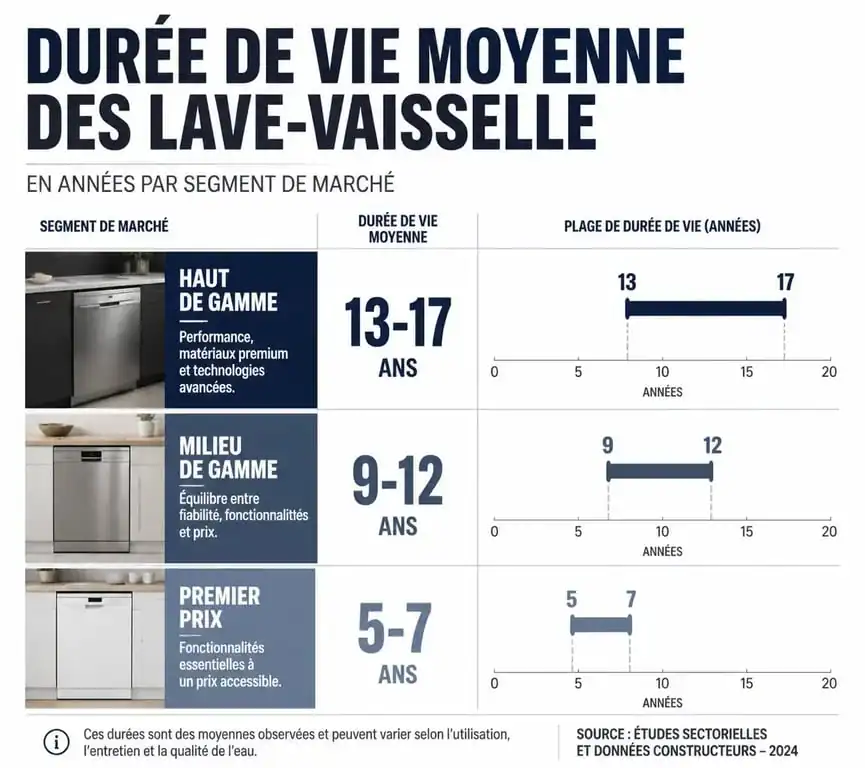 Graphique comparatif de la durée de vie moyenne d'un lave-vaisselle selon le segment de gamme