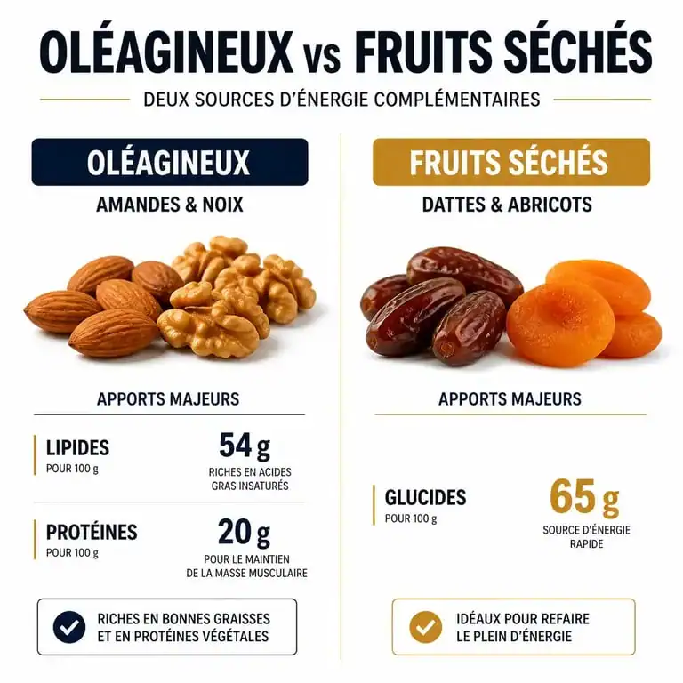 Infographie comparative des valeurs nutritionnelles entre oléagineux et fruits séchés pour comprendre si les fruits secs font grossir