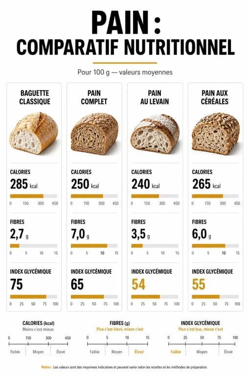 Comparatif nutritionnel des différents types de pain : calories, fibres et index glycémique pour savoir combien de pain par jour consommer.