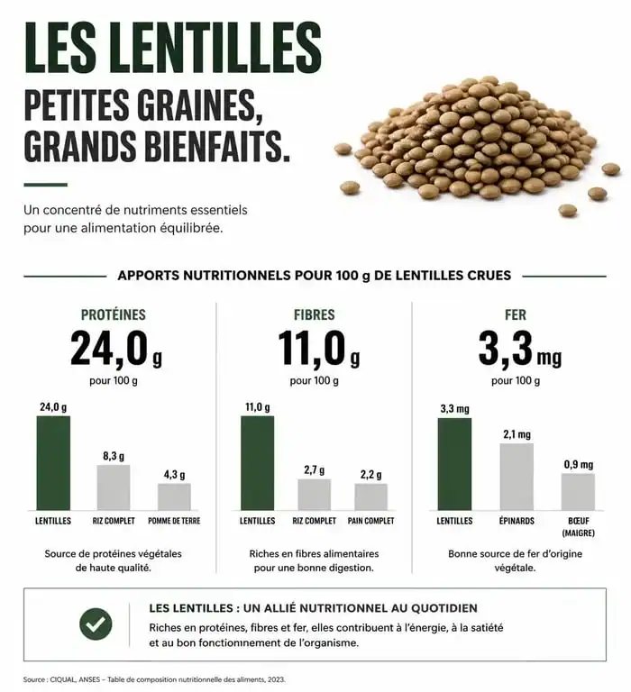 Infographie des bienfaits nutritionnels et apports santé des lentilles
