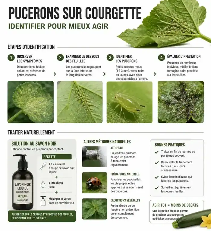 Infographie sur l'identification et le traitement naturel des pucerons sur courgette