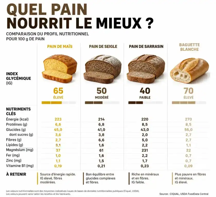 Infographie comparative des indices glycémiques et apports nutritionnels du pain au maïs par rapport aux autres pains