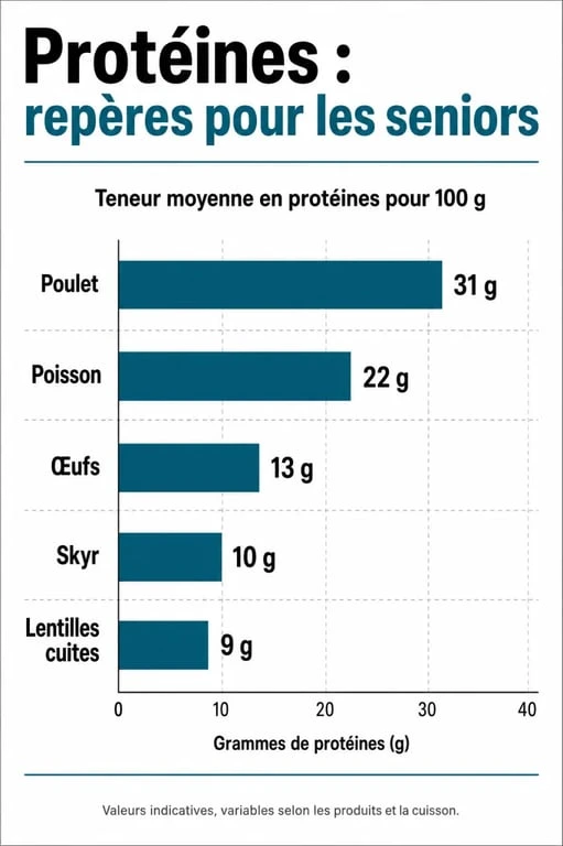 Infographie des aliments riches en protéines pour personnes âgées et prévention de la sarcopénie