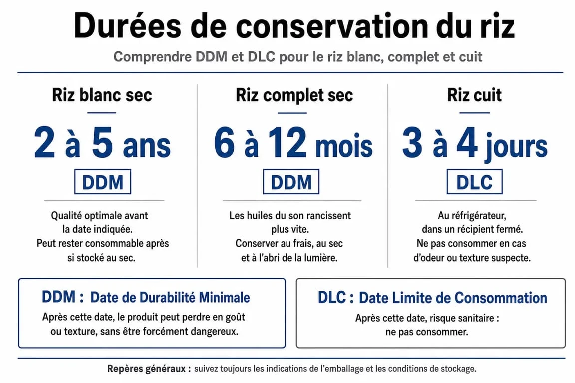 Infographie sur la durée de conservation du riz et la différence entre DDM et DLC pour savoir si le riz se périme.