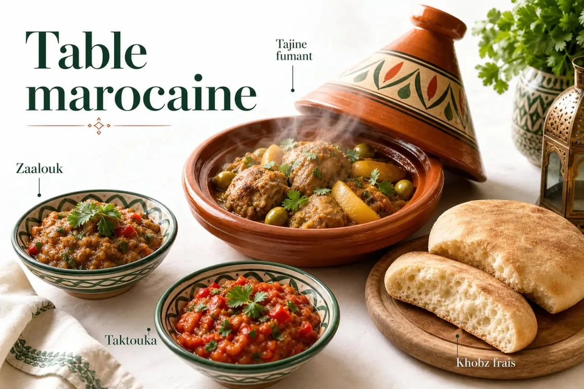 Accompagnement tajine : table marocaine avec tajine, salades et pain khobz