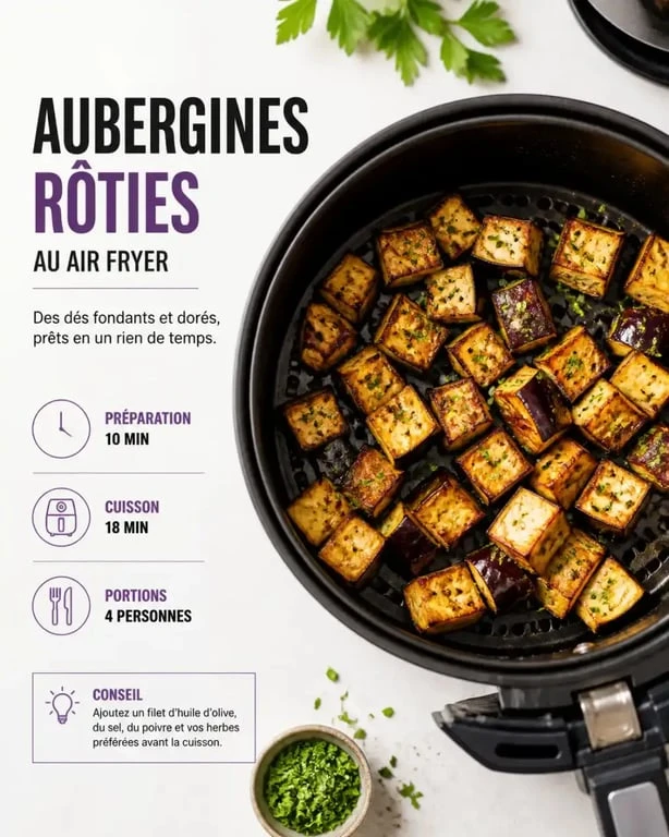 Aubergines rôties au air fryer, dés dorés et fondants