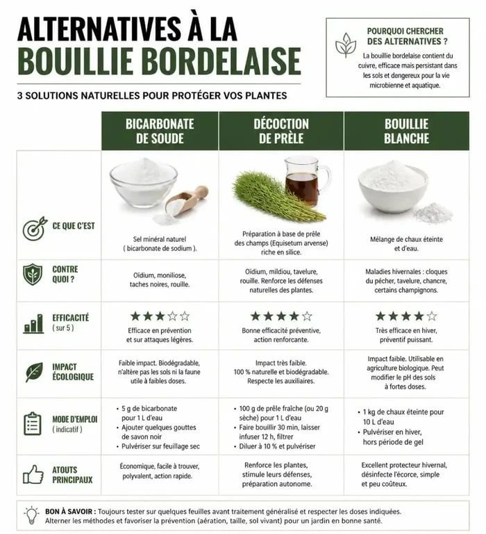 Tableau comparatif des alternatives naturelles à la bouillie bordelaise pour le traitement des maladies au jardin