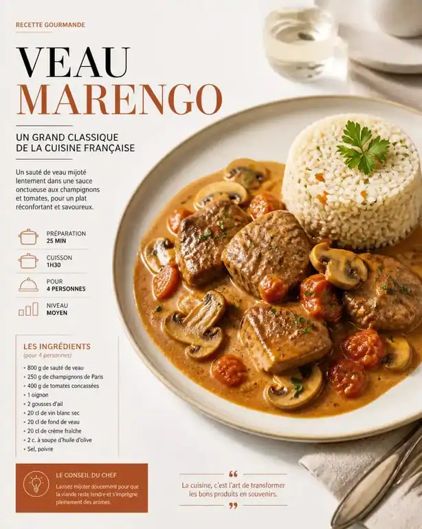 Assiette de veau Marengo avec son accompagnement de riz pilaf