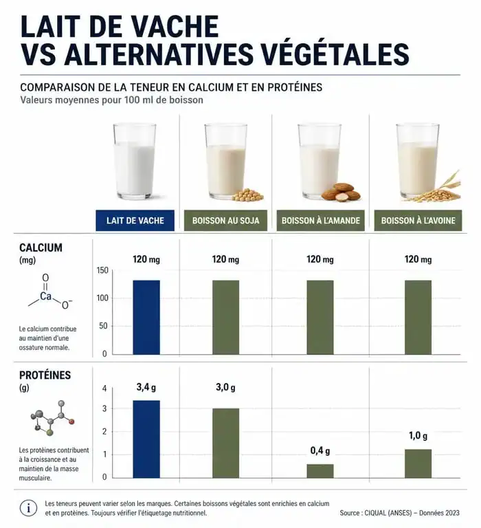 Infographie comparative des apports nutritionnels du lait de vache et des boissons végétales pour la santé