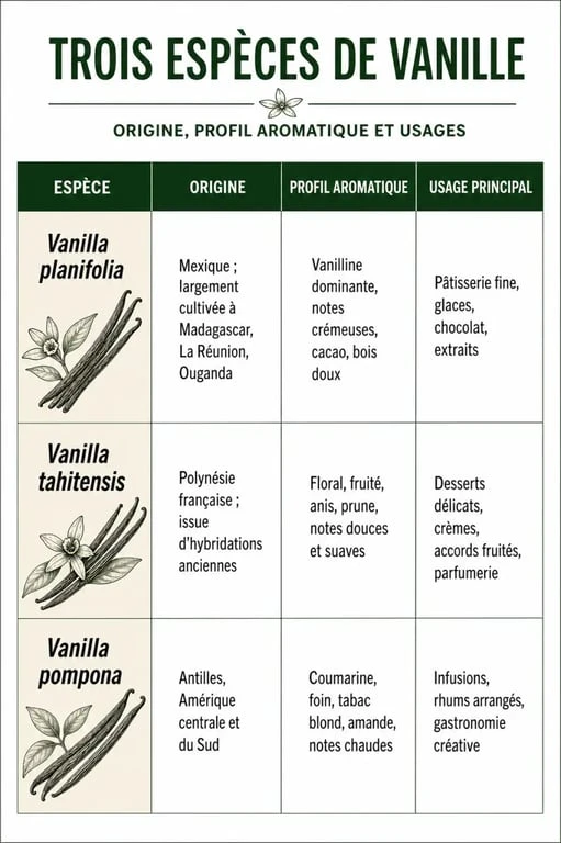 Infographie comparative des espèces de vanille : Vanilla planifolia, tahitensis et pompona
