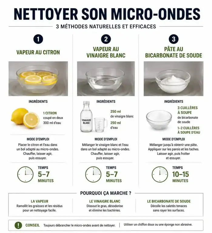 Infographie des méthodes naturelles pour le nettoyage micro onde : citron, vinaigre et bicarbonate.