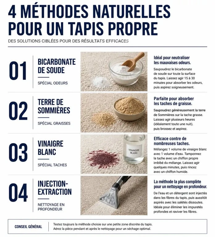 Infographie comparative des méthodes pour nettoyer une moquette efficacement